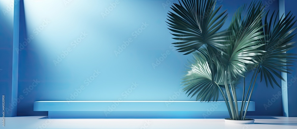 Aufkleber Studio background with blue color gradient empty room with window shadows flowers and palm leaves 3D room with copy space for product presentation