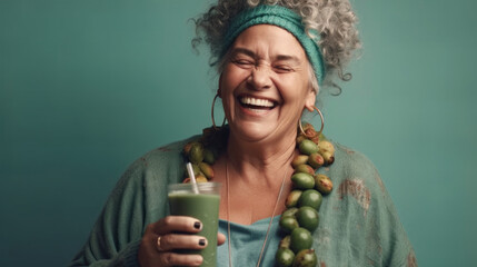 Senior woman with curly hair enjoys a green smoothie and laughs in a green studio. Generative AI