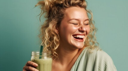 Green background highlights a happy woman sipping her smoothie. Generative AI