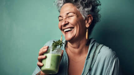 Portrait of a joyful senior lady drinking a green smoothie and laughing. Generative AI