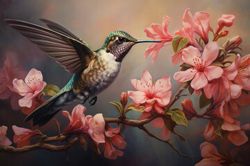 Image of a hummingbird flying and beautiful flowers, Bird, Wildlife Animals., Generative AI, Illustration.