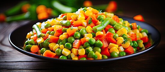 Frozen vegetables on wooden background Corn peas pepper carrots Space for text
