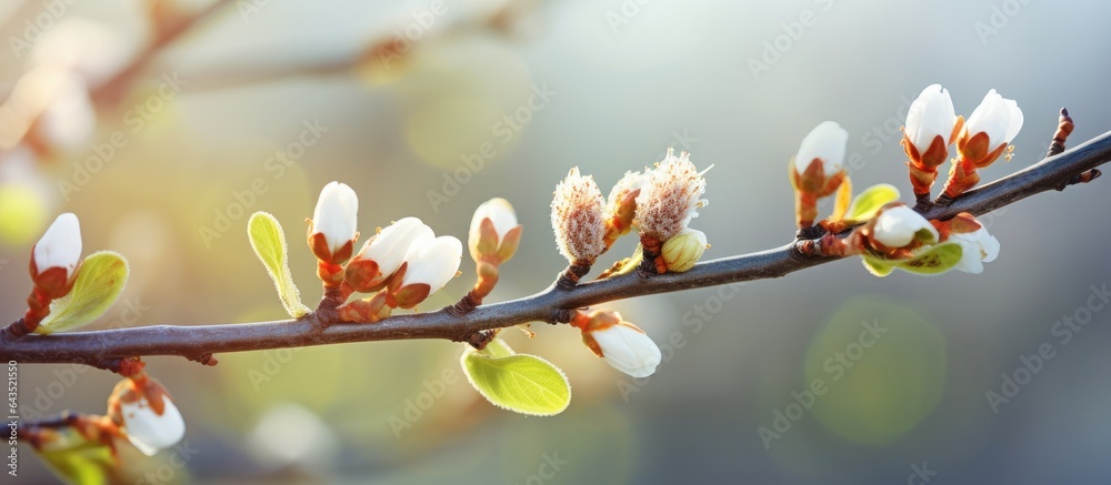 Poster Selective focus and copy space background with tree buds opening in early spring