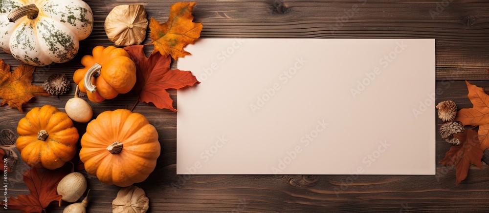 Aufkleber fall themed flat lay with empty paper and dried leaves alongside a pumpkin on a table copy space