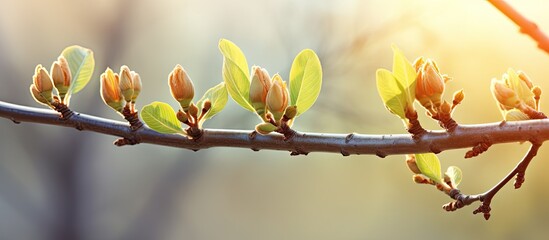 Selective focus and copy space background with tree buds opening in early spring