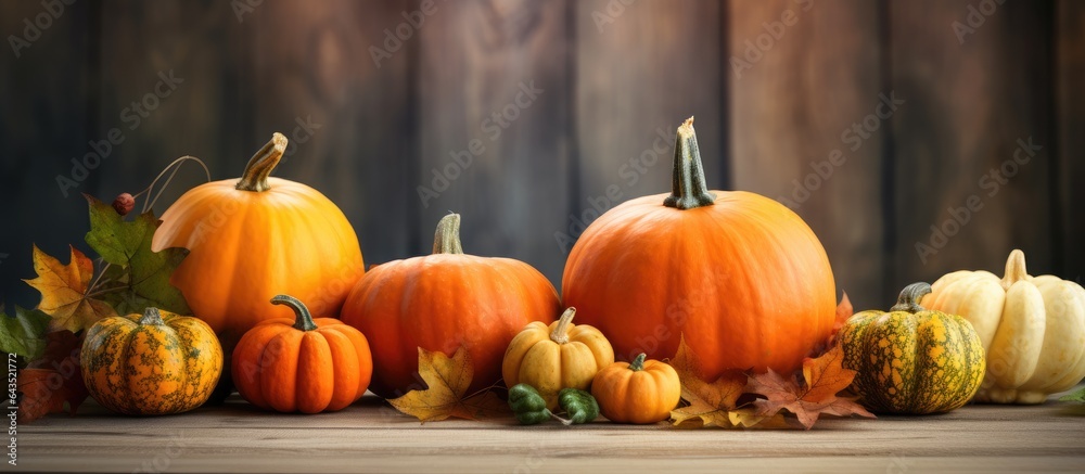 Poster beautiful pumpkins on the table in a fall setting
