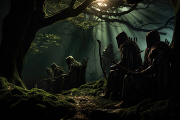 Elven Archers Guarding Sacred, Moonlit Woodland Sanctuary. Сoncept Elven Archery, Sacred Woodland Sanctuaries, Moonlit Protection, Ancient Mythology