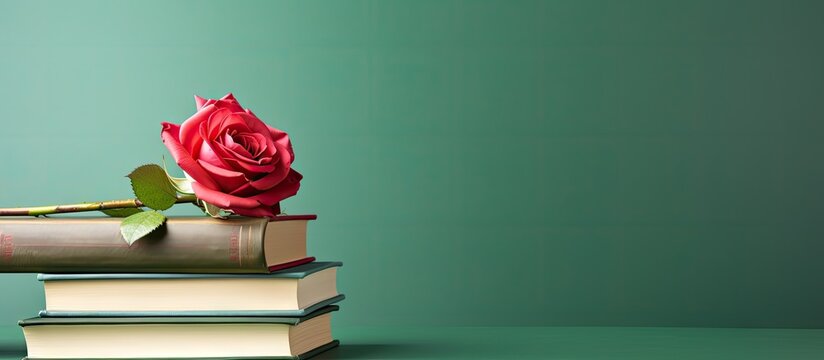 A poster with a rose on books celebrating Sant Jordi s Day and International Book Day on a green background with shadows and space for copy