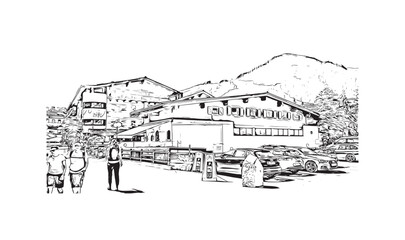 Building view with landmark of Saalbach is the municipality in Austria. Hand drawn sketch illustration in vector.