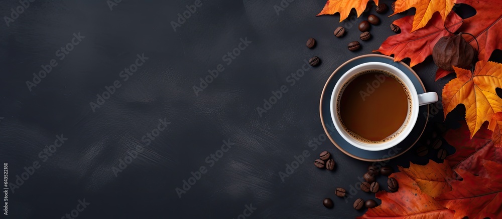 Poster autumn atmosphere with coffee and colorful leaves on dark background top view with space for text
