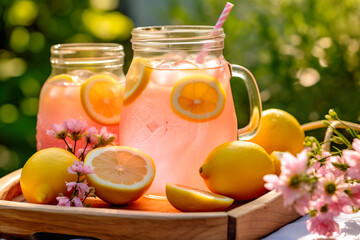 Two glass jars of lemonade with fresh lemons and pink flowers