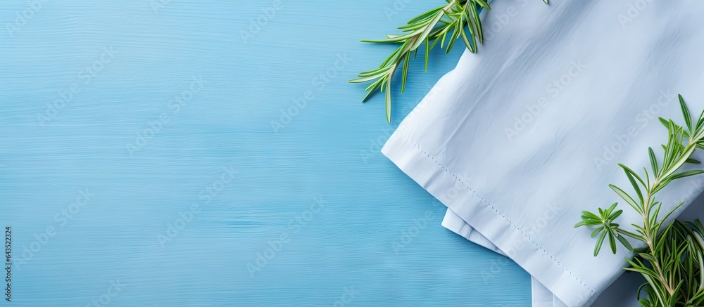 Aufkleber blue kitchen napkin isolated on table folded cloth for mockup with copy space flat lay minimal style