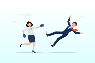 Strong confidence businesswoman leader punch a businessman to knockout winning, success businesswoman winning business competition, woman leadership or challenge to overcome or defeat enemy (Vector)