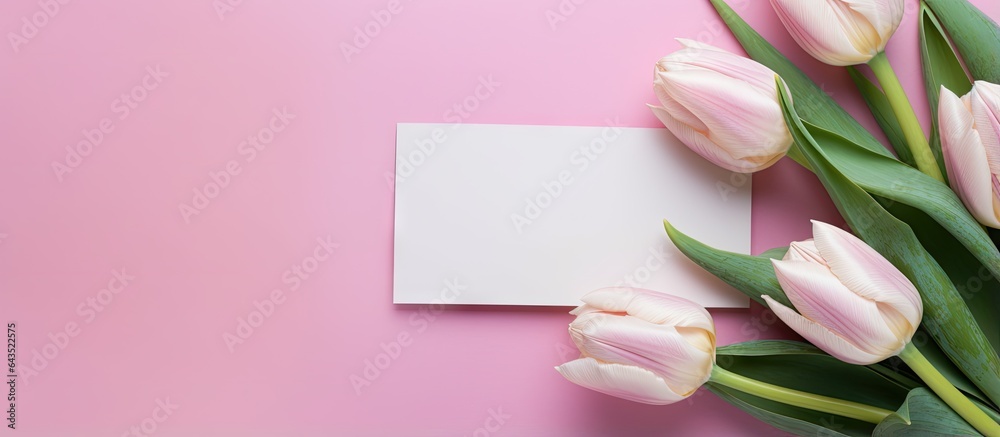 Poster top view of blank card and tulips on colored background with space for your design
