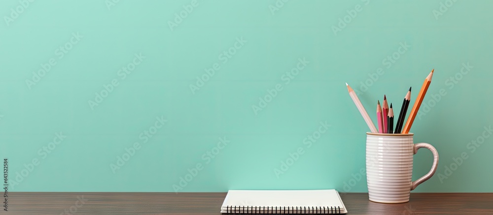 Aufkleber brown desk with open diary notebook memo pad and pencil holder mint wall background serves as study 