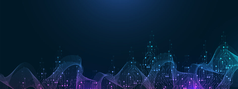 Quantum technologies concept. Deep learning artificial intelligence. Circuit board texture background design. Big data algorithms visualization. Neural networks. Vector illustration.