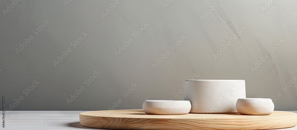 Aufkleber Arrange white stones and wood platform on gray background Simple display for products