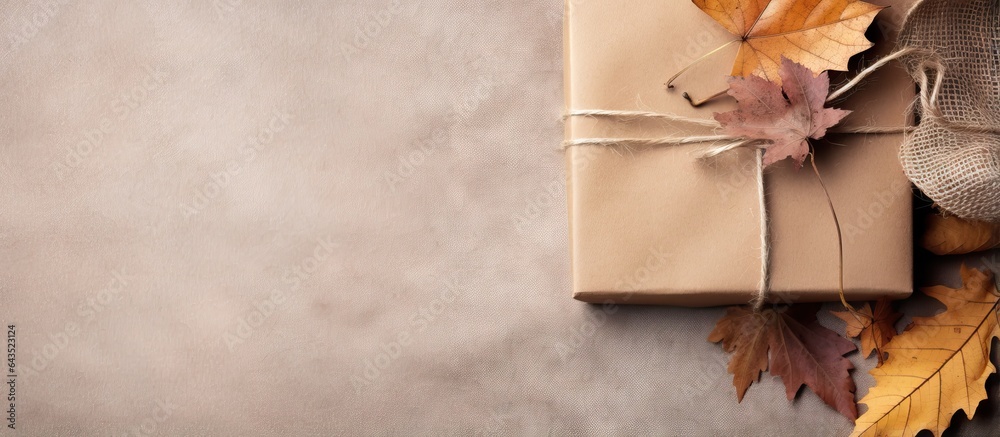 Poster autumn arrangement featuring dried leaves a wrapped gift placed in a corner on rustic linen backgrou