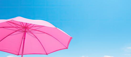 A pink umbrella against a blue sky with room for text