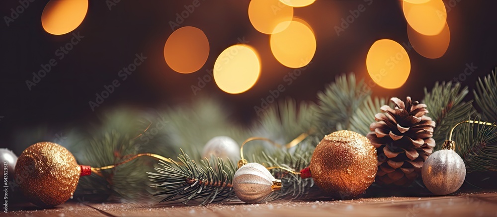 Poster christmas decorations with lights and a branch from a fir tree featuring a new year and christmas th