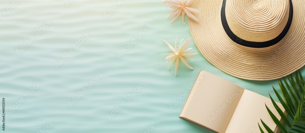 Poster Blank journal with summer beach items on a background space for writing Flat lay with copy space