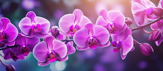 Selective focus on violet Phalaenopsis amabilis orchid flower with green bokeh backdrop - obrazy, fototapety, plakaty