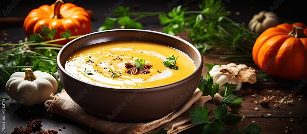 Poster autumn cream soup with pumpkins and carrots on a dark background with seeds and parsley healthy eati