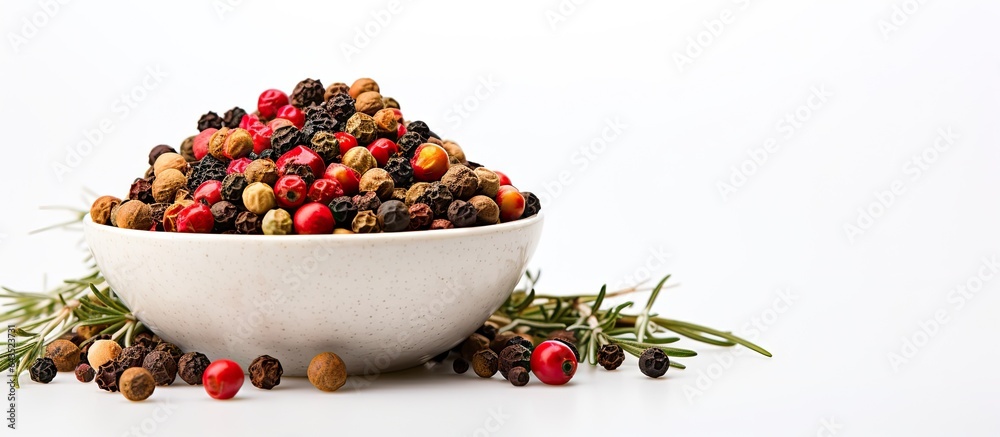 Poster mixed peppercorns in a bowl isolated on white background for food or kitchen use with space for text