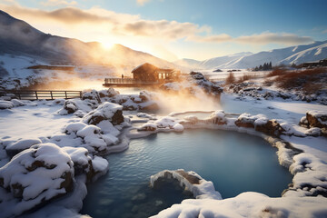 Nestled in a snowy mountain landscape, geothermal hot springs bubble and steam, offering a warm sanctuary in the midst of icy serenity