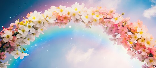 Obraz na płótnie Canvas Selective focus of a fruit tree s crown against a spring rainbow backdrop providing copy space