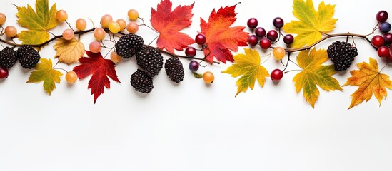 Fall leaves berries on white Overhead empty area