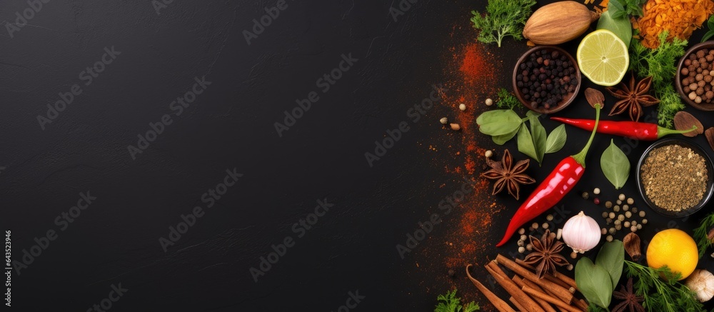 Poster assorted cooking ingredients on black slate table top view copy space