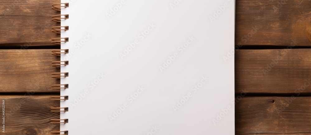 Poster blank notebook on wooden table top view with space