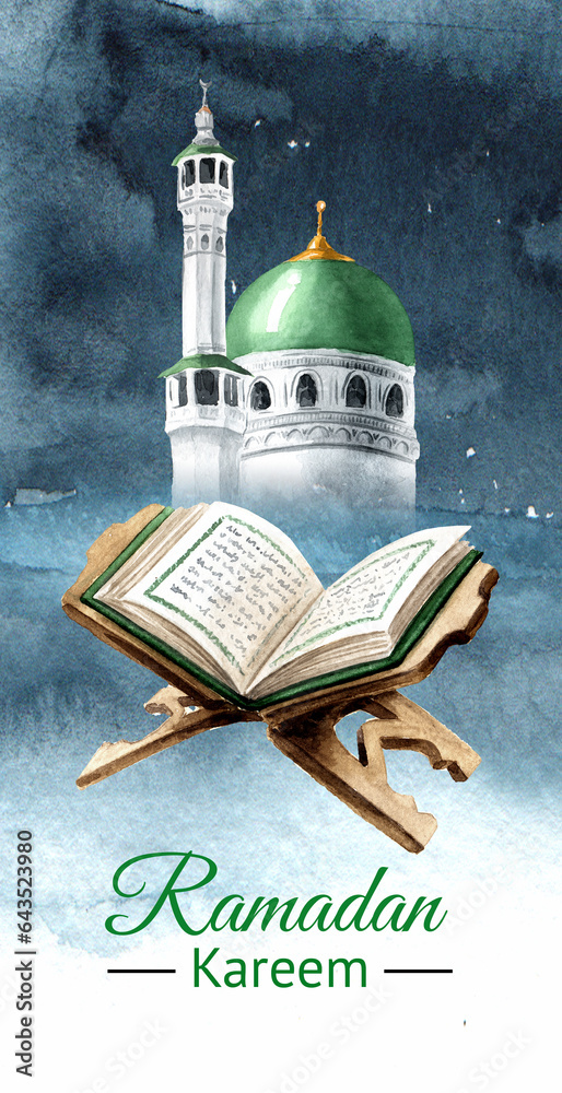 Wall mural islamic mosque and holy quran book, open on the wooden book holder. ramadan kareem greeting card. ha