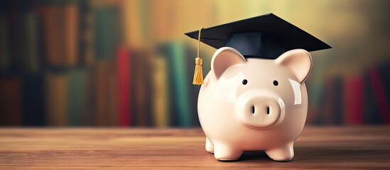 Scholarship with piggy bank and graduation cap on table text space - obrazy, fototapety, plakaty