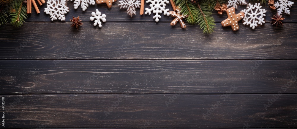 Aufkleber Top view of a wooden table with a Christmas theme including a snow covered fir tree and gingerbread cookies Creating space for your greetings