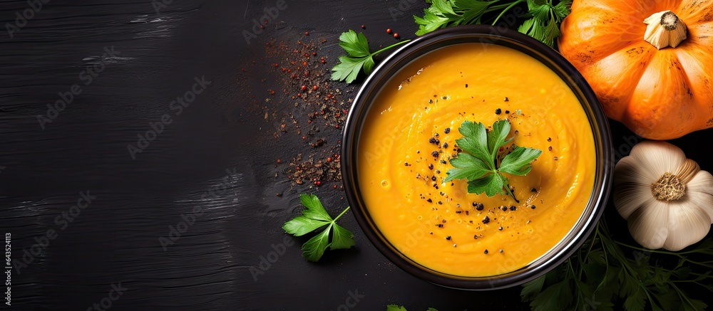 Poster autumn cream soup with pumpkins and carrots on a dark background with seeds and parsley healthy eati
