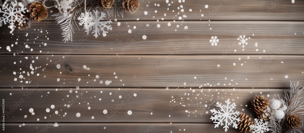 Poster top view of a snowy branch on a christmas themed wooden background with space for text