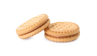 Tasty sandwich cookies with cream isolated on white