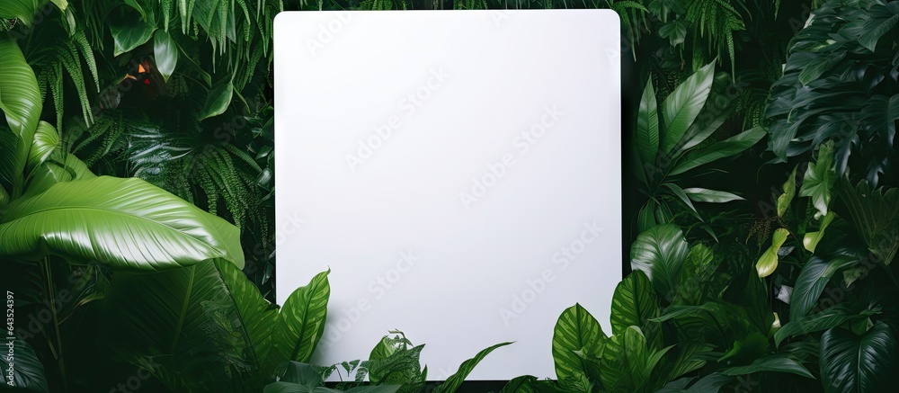 Poster green leaves background with a white square frame and empty text space for advertising