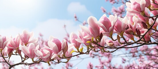 Selective focus and copy space on magnolia flower in urban environment