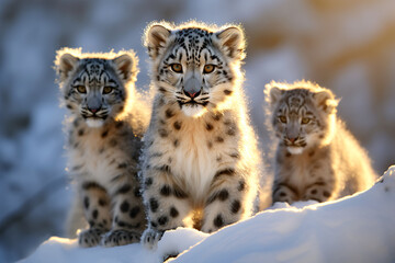 Snow leopard cubs (Panthera uncia) in winter