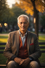 Fototapeta premium portrait image of a handsome old professor, in a park, in sunset, wearing a jacket, sitting in a chair. Image created using artificial intelligence.