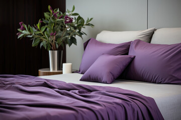 Modern Room With Pillow Bed With Purple Cotton Linens Closeup . Сoncept Contemporary Bedroom Decor, Soft Bedroom Textiles, Purple Design, Pillow Beds And Comfort