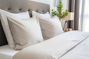 Fototapeta na wymiar Modern Room With Pillow Bed With Cream Linen Linens Closeup. Сoncept Pillow Bed Comfort, Luxurious Bedroom Design, Modern Room Decor, Cream Linen Linens Refresh
