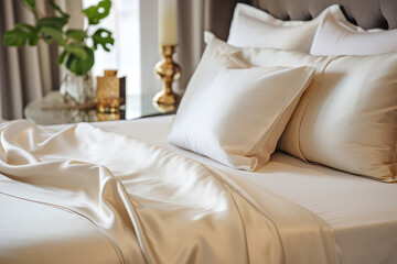 Modern Room With Pillow Bed With Cream Silk Linens Closeup. Сoncept Modern Room Decor, Silk Pillow Beds, Cream Linens, Closeup Shots