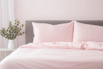 Fototapeta na wymiar Modern Room With Pillow Bed With Pink Linen Linens Closeup . Сoncept Colorful Bedroom Design Inspiration, How To Style A Pillow Bed, Cozy Bedroom Textile Ideas, Benefits Of Using Pink Linens