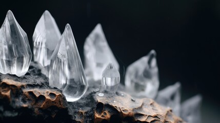 Clear quartz like crystal cluster points, brilliant translucent clarity, faceted light shine, crystalline mineral embedded into rock - generative AI   