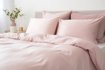 Fototapeta na wymiar Modern Room With Pillow Bed With Pink Linen Linens Closeup. Сoncept Brightly Coloured Bedrooms, Pillow Bed Style Beds, Modern Bedroom Essentials, Pretty Pink Linens