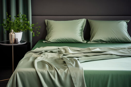 Modern Room With Pillow Bed With Green Silk Linens Closeup . Сoncept Silk Sheets, Luxury Bedrooms, Green Linens, Pillow Bed